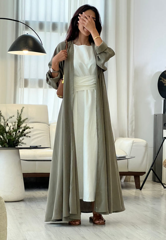 Olive green flowy abaya, front product