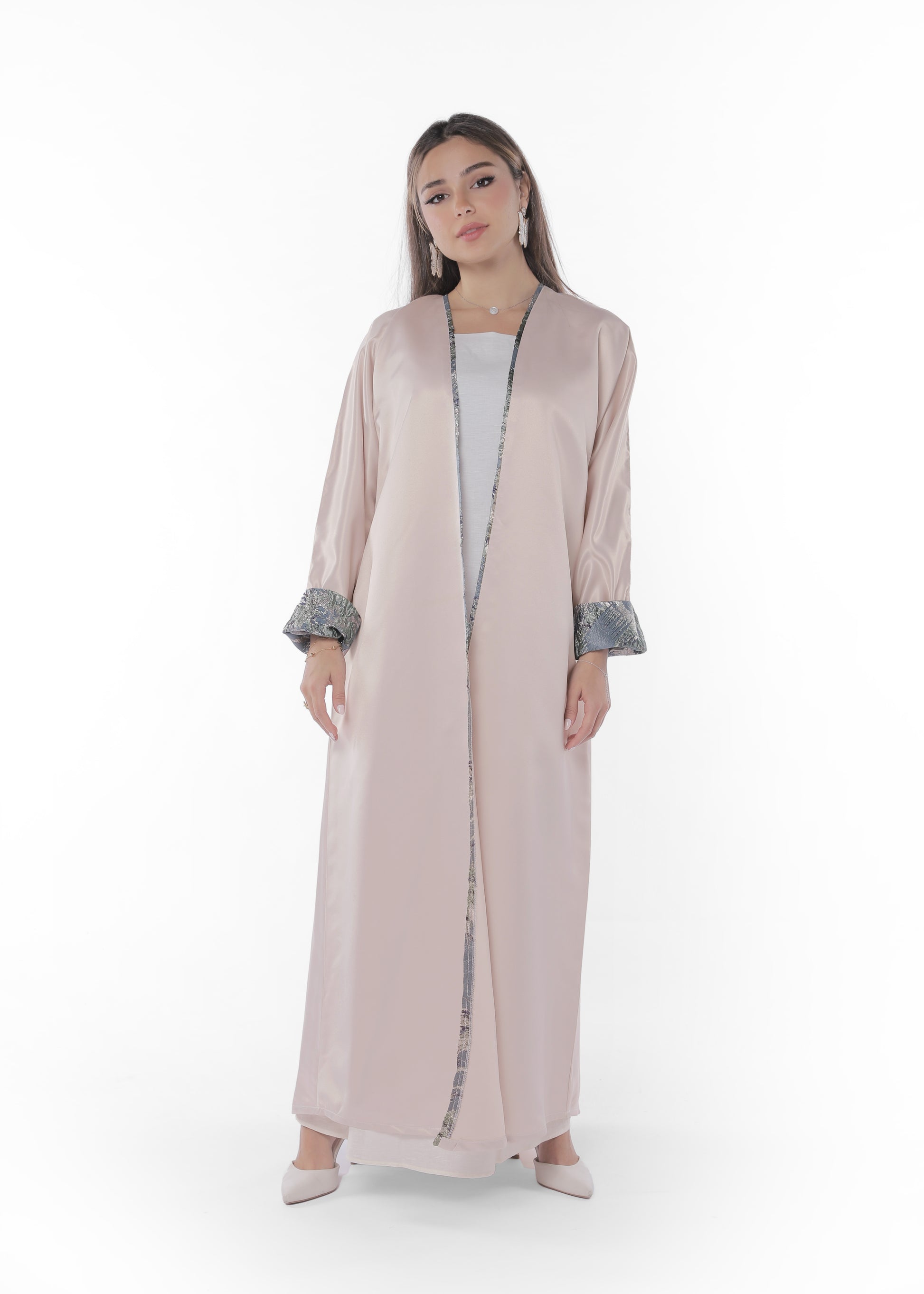 Teftah Beige abaya with embellished sleeves, Front product