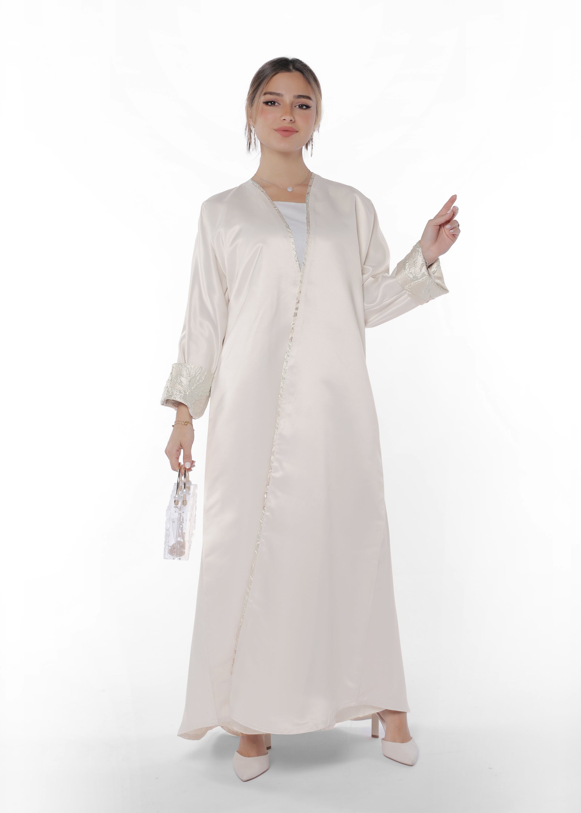 Teftah Beige abaya with embellished sleeves, front product