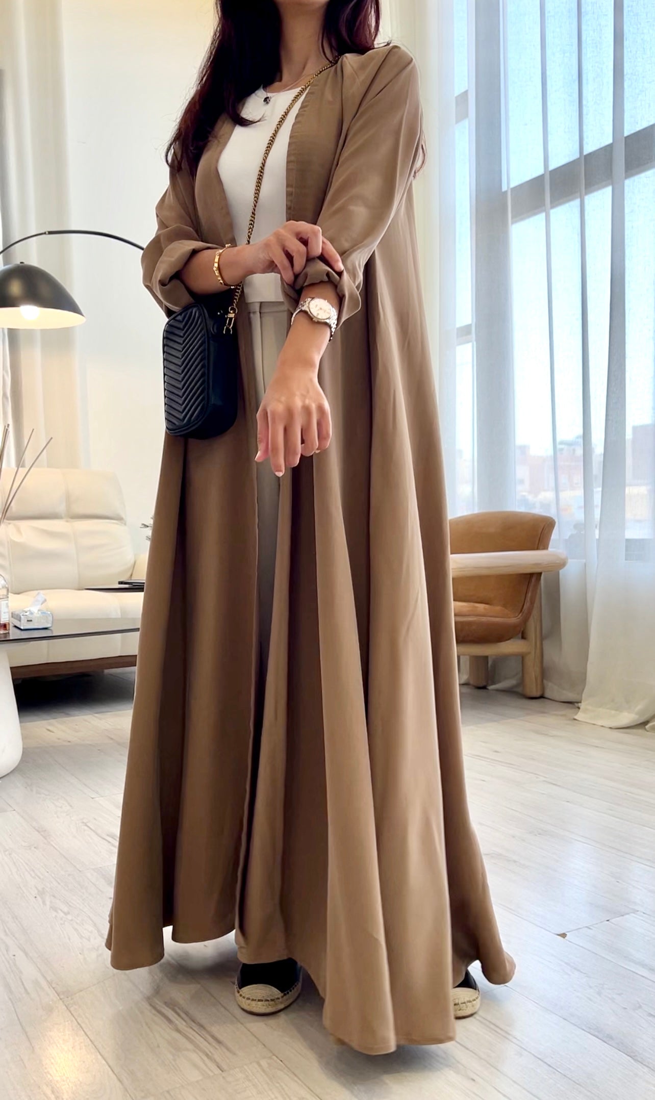 Mocha flowy abaya, front product 